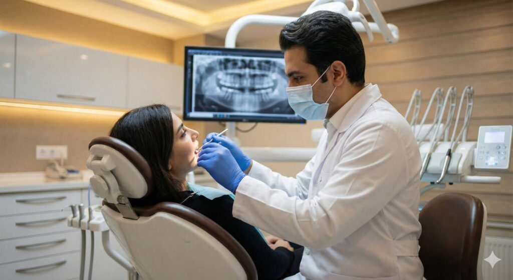 معاینه دندان بیمه‌شده توسط پزشک معتمد بیمه کوثر در مطب دندانپزشکی